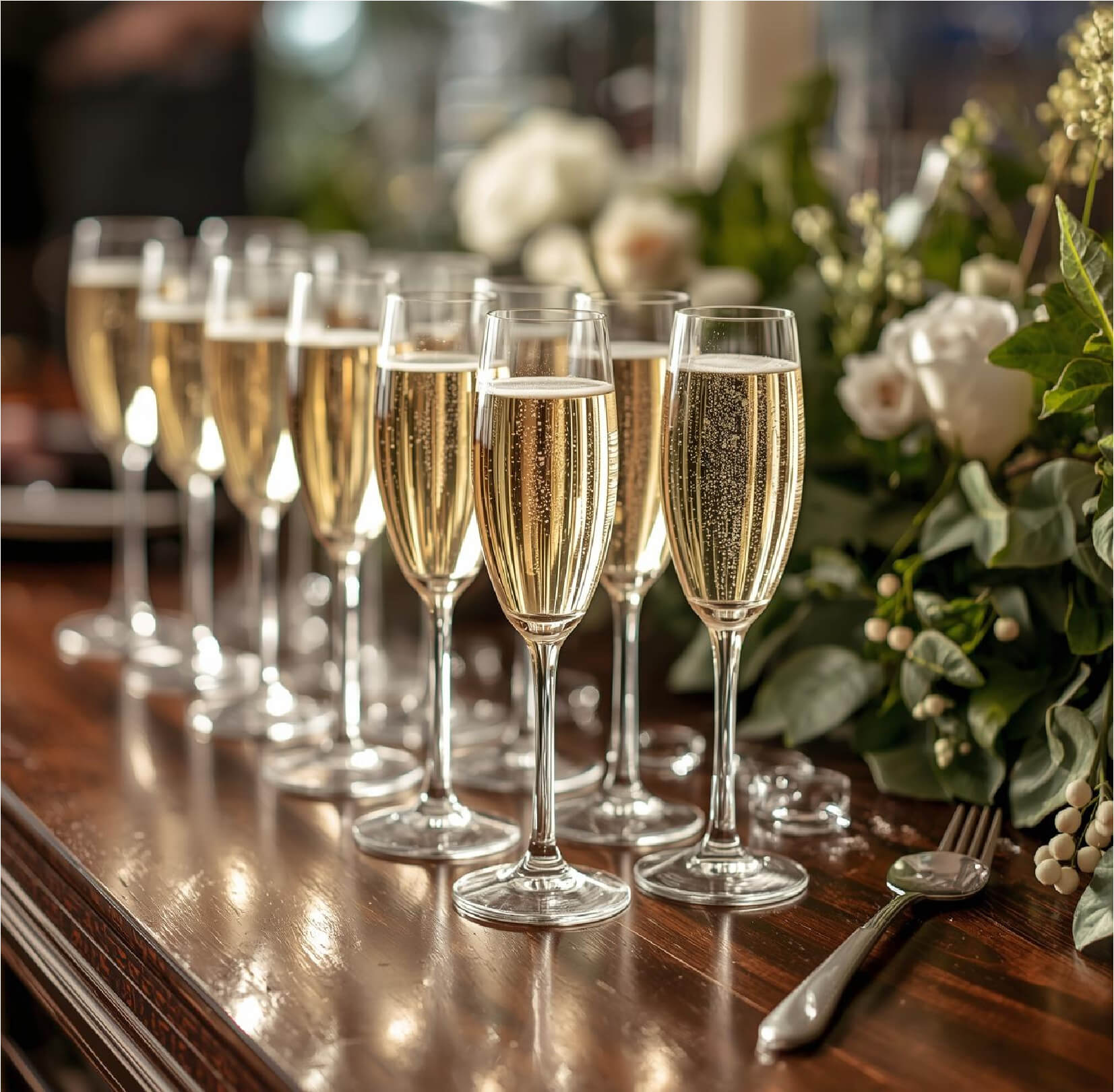 Row of champagne glasses filled with bubbly champagne on a wooden table next to floral arrangements and silverware.