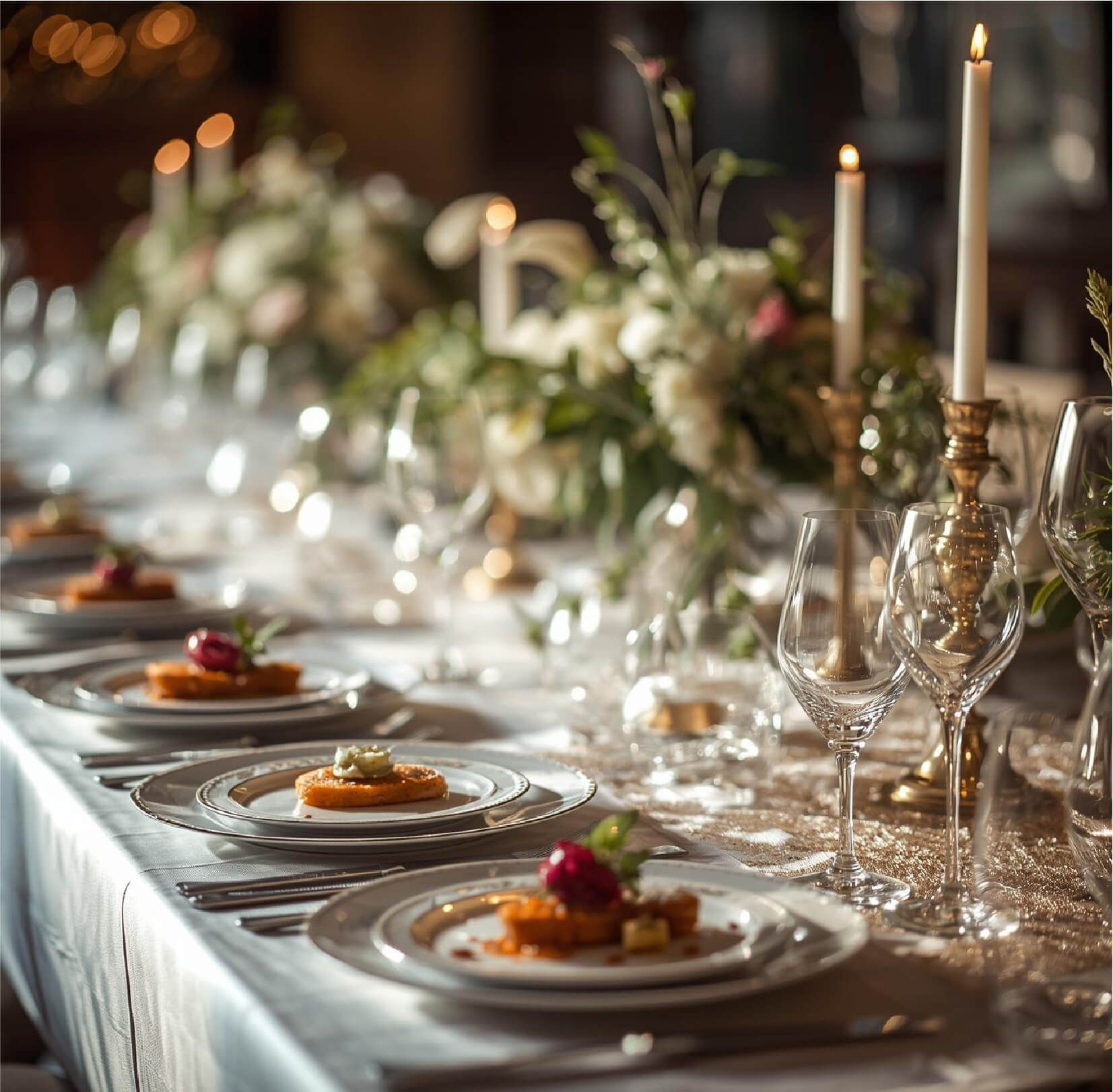 Elegant dining table set with white plates, wine glasses, lit candles, and floral centerpieces.