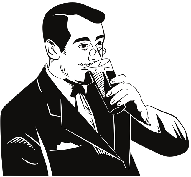 Black and white illustration of a man with a mustache and glasses drinking from a glass with foam on top.