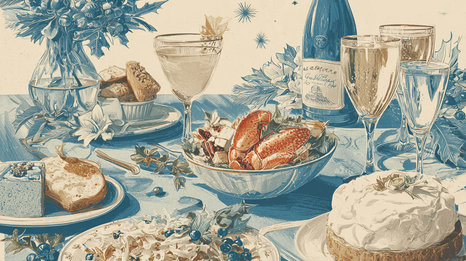 Table set with a festive seafood salad featuring crab claws, champagne glasses, a bottle of champagne, bread, cheese, cake, and decorative flowers and holly.