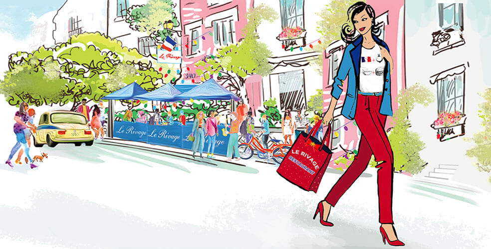 Illustration of a stylish woman walking with a Le Rivage restaurant shopping bag near an outdoor market and colorful buildings.