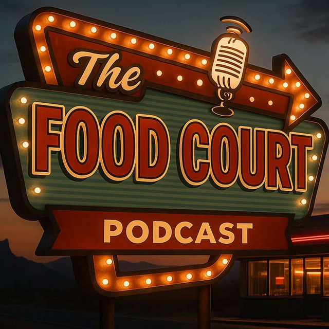 Retro illuminated sign reading 'The Food Court Podcast' with a vintage microphone icon and an arrow, glowing at dusk.